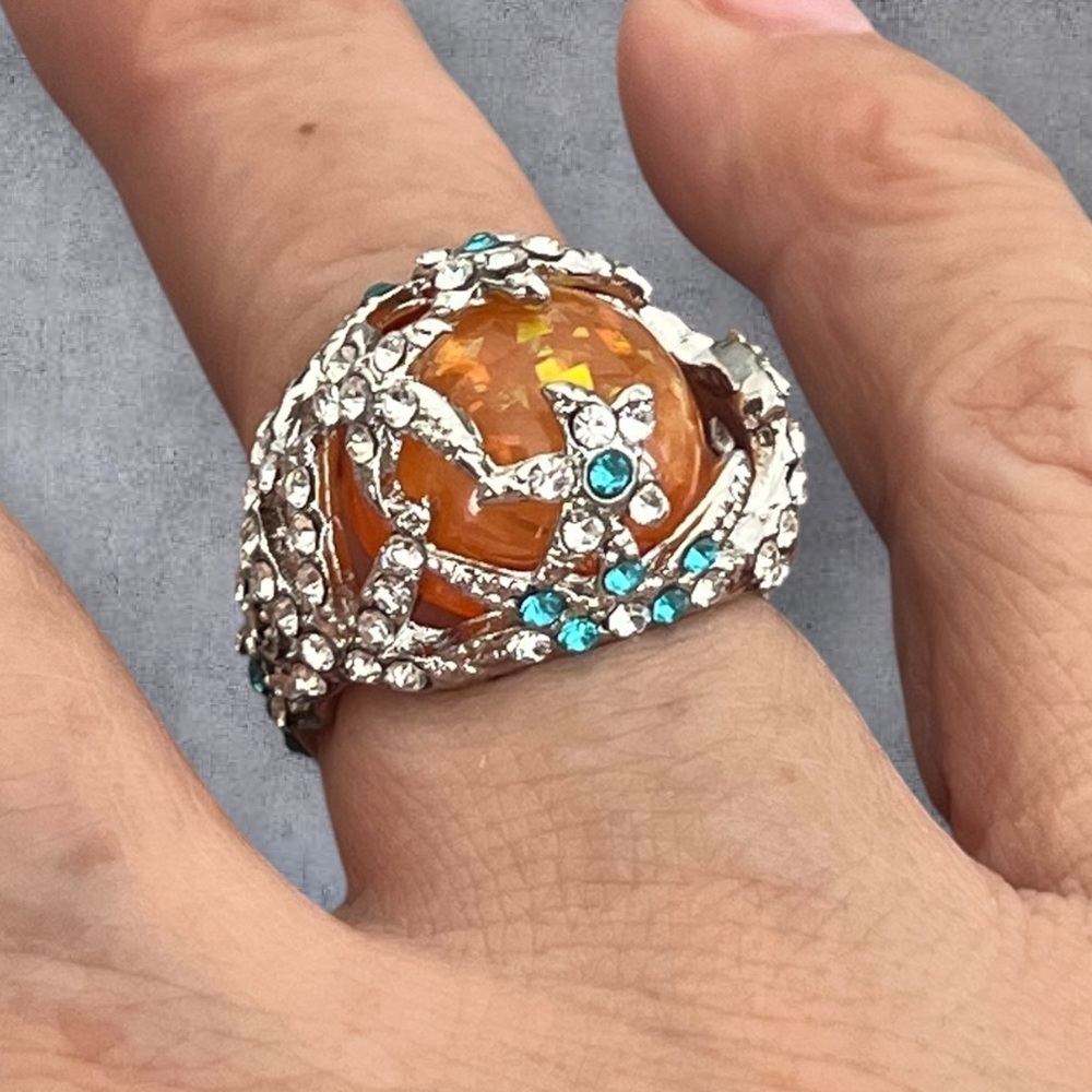 Stainless steel paved clear CZ dome ring size 6, large round orange faux opal